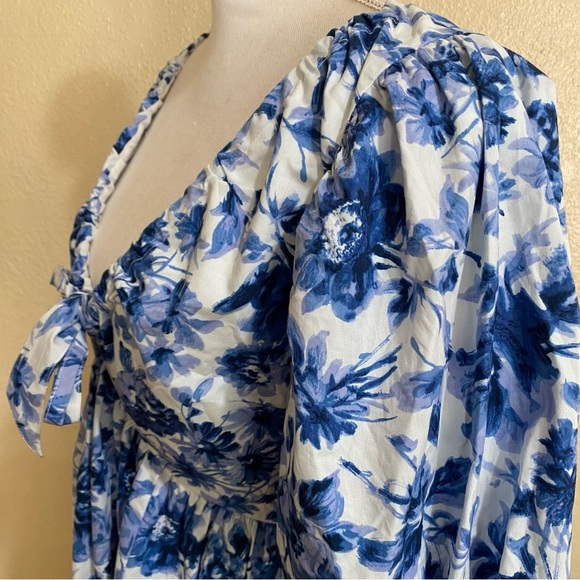 Abercrombie & Fitch Blue & White Cinch Front Poplin Puff Sleeve Mini Dress - Picture 4 of 6